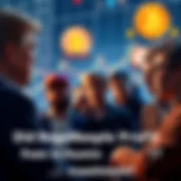 A group of regular people looking at charts and discussing Trump Coin profits, with visuals of cryptocurrency symbols in the background.