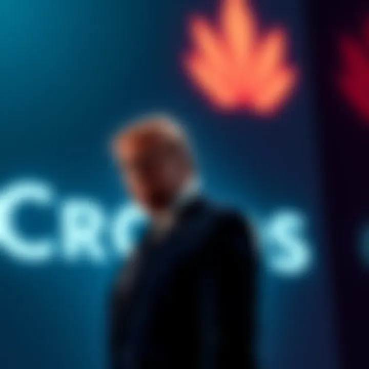 Former President Trump standing near the Cronos logo, symbolizing controversy around $CRO and the company's shutdown plans.