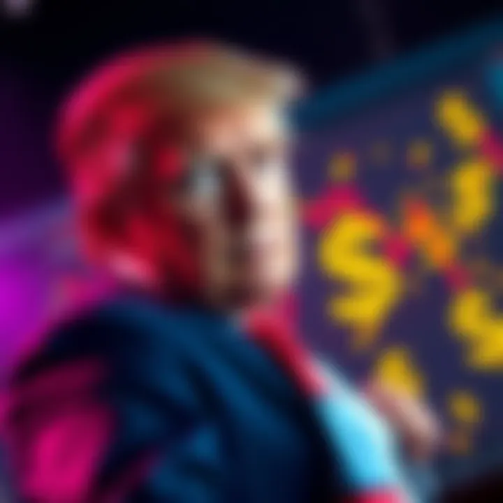 Trump with Crypto Charts Donald Trump looking at cryptocurrency charts with dollar signs around.