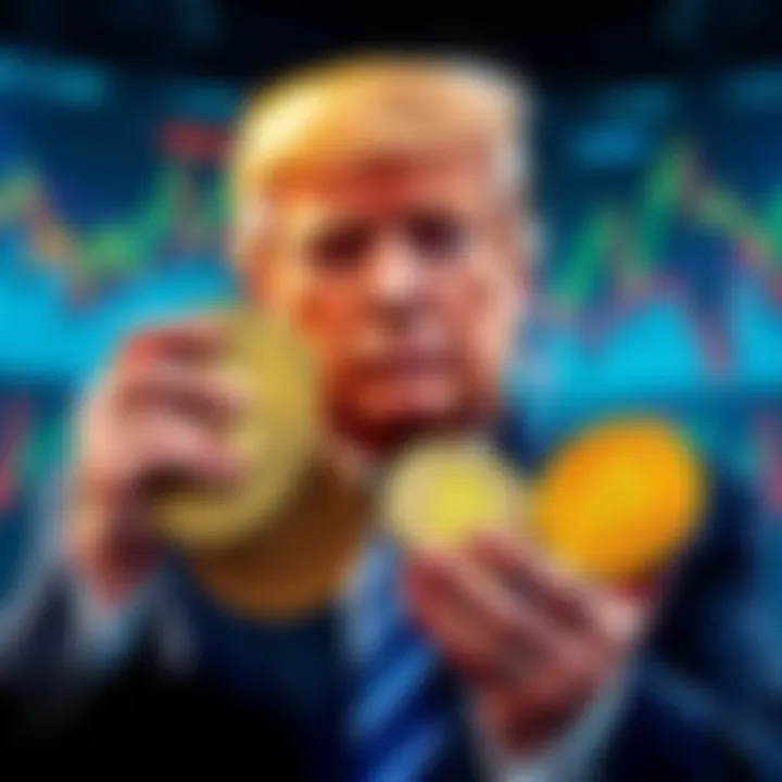 Donald Trump holding large crypto coins with a backdrop of financial charts showing gains and losses.