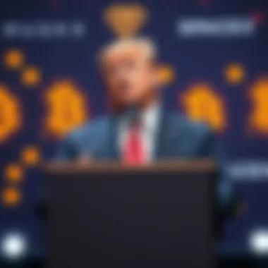 Donald Trump standing at a podium, speaking about his $1.4 billion cryptocurrency earnings, with a backdrop featuring cryptocurrency symbols and a hint of SpaceX branding.