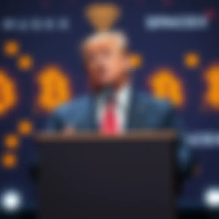 Trump discusses cryptocurrency earnings Donald Trump standing at a podium, speaking about his $1.4 billion cryptocurrency earnings, with a backdrop featuring cryptocurrency symbols and a hint of SpaceX branding.