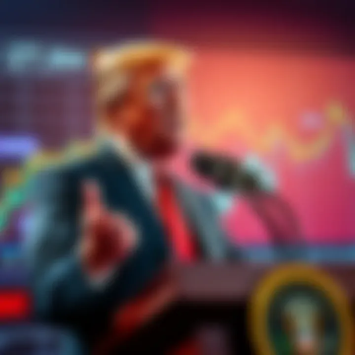 Former President Trump speaking about cryptocurrency investments at a podium, with charts showing rising trends in the background