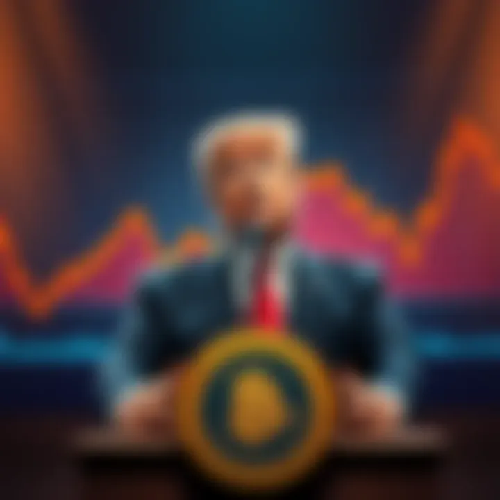 President Trump speaking at a podium with a graph showing a decline in cryptocurrency values behind him