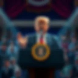 President Trump at a podium discussing changes in cryptocurrency regulation, with a concerned crowd in the background