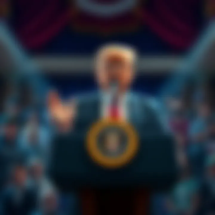 President Trump at a podium discussing changes in cryptocurrency regulation, with a concerned crowd in the background