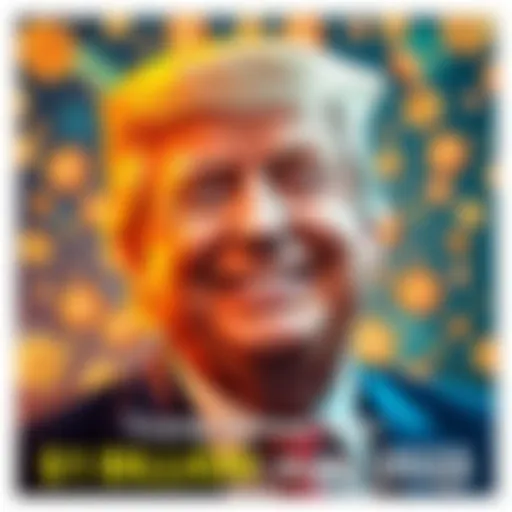 Donald Trump smiling with a backdrop of cryptocurrency symbols and dollar signs, indicating financial success in crypto investments
