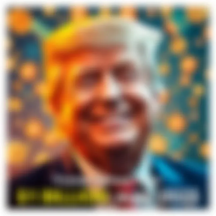 Trump celebrating cryptocurrency success Donald Trump smiling with a backdrop of cryptocurrency symbols and dollar signs, indicating financial success in crypto investments