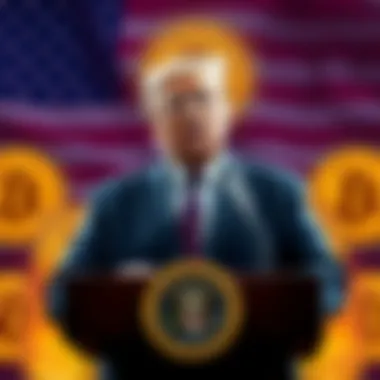 Trump Announces US Crypto Superpower Plans President Trump speaking at a podium with Bitcoin symbols in the background, emphasizing US leadership in cryptocurrency.