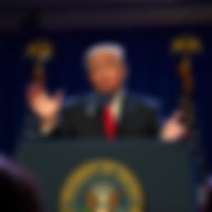 Former President Trump speaking at a podium about cryptocurrency's role in the economy