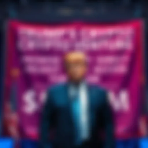 Donald Trump standing in front of a banner promoting his new cryptocurrency project for investors