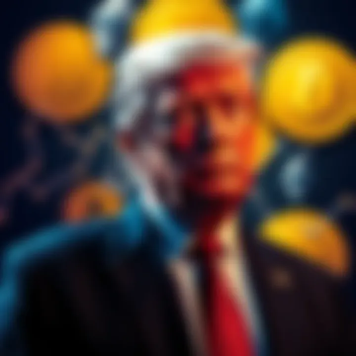 Donald Trump standing in front of various cryptocurrency symbols like Bitcoin and Ethereum, looking thoughtful about their impact.
