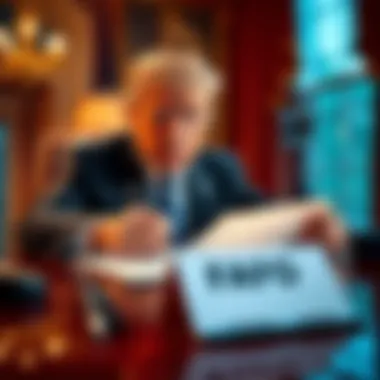 President Trump signing an executive order to support crypto traders, with a document labeled FAFO on the table.