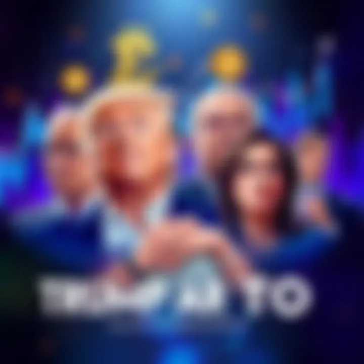 The Trump family with a backdrop of cryptocurrency symbols and graphs indicating financial growth