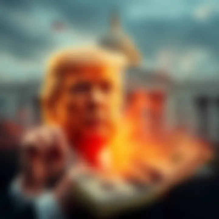 A representation of the Trump family creating a private dollar with hidden investments and federal approval, featuring dollar bills and a federal building in the background.
