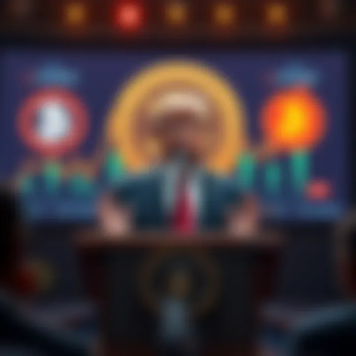 Trump Announces Hormuz Deal President Trump at a podium discussing the new Iran deal, with Bitcoin and altcoin graphics showing price rises on a screen behind him.