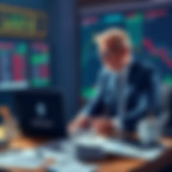 Trump insider invests in crypto A businessman looks at cryptocurrency charts while sitting at a desk filled with financial reports and a laptop, showing a prominent Ethereum logo.