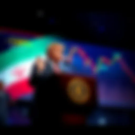 Former President Trump stands at a podium, demanding action from Iran regarding the Strait of Hormuz. In the background, Bitcoin charts show a slight dip.