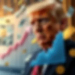 Donald Trump looking concerned next to a chart showing a significant financial loss from memecoins, while dollar bills and crypto coins float around him.