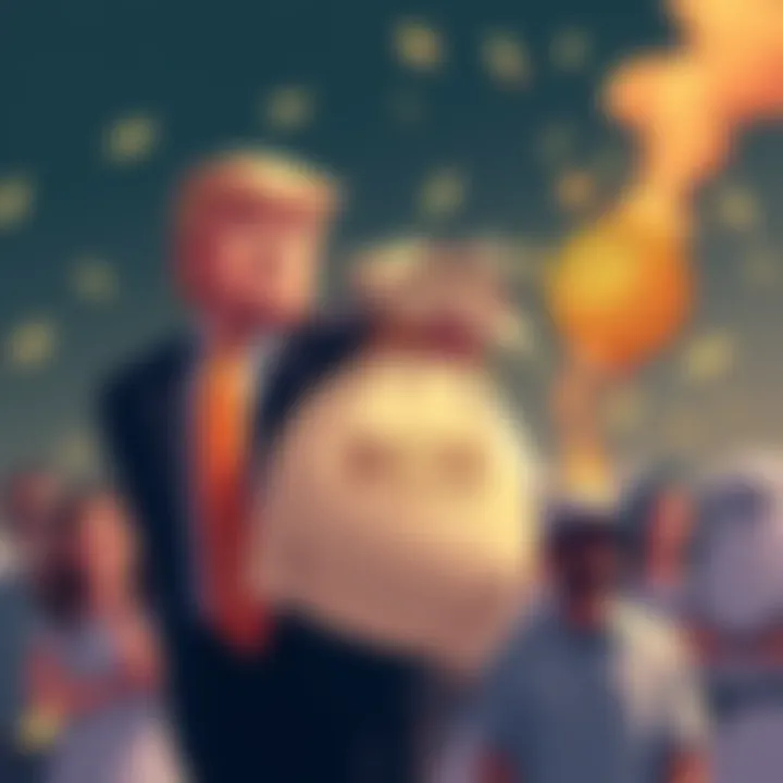 Illustration showing Donald Trump with a large bag of money, representing his $636 million earnings from the memecoin, while a group of disappointed buyers looks on, symbolizing their $3.8 billion los...