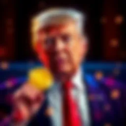 A visual representation of Donald Trump with memecoin graphics, depicting a drop in price for VIP reception access.