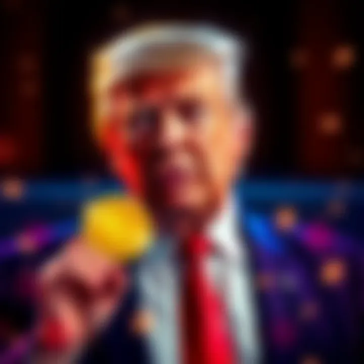 A visual representation of Donald Trump with memecoin graphics, depicting a drop in price for VIP reception access.