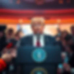Trump faces new controversies Former President Trump speaking at a podium surrounded by reporters, conveying the latest political challenges.