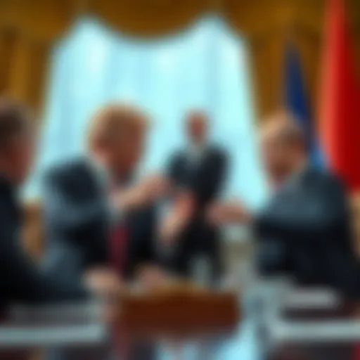 Trump and Putin Discuss Ukraine Peace President Trump and President Putin in a meeting to discuss peace negotiations for Ukraine, showing gestures of agreement.