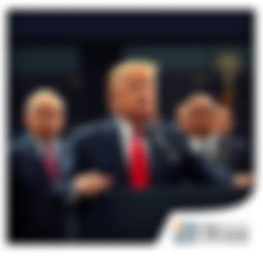 Donald Trump speaking at a podium with a focused expression, surrounded by advisors discussing strategy.