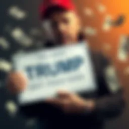 An Indiana man holding a sign supporting Trump, looking disappointed, with dollar bills scattered around him.