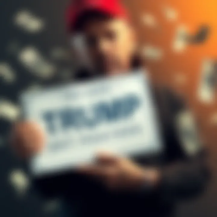 An Indiana man holding a sign supporting Trump, looking disappointed, with dollar bills scattered around him.