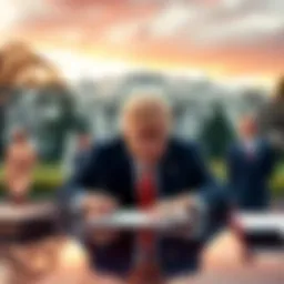 President Trump signs a document granting tax immunity to himself and his family, with a backdrop of the White House