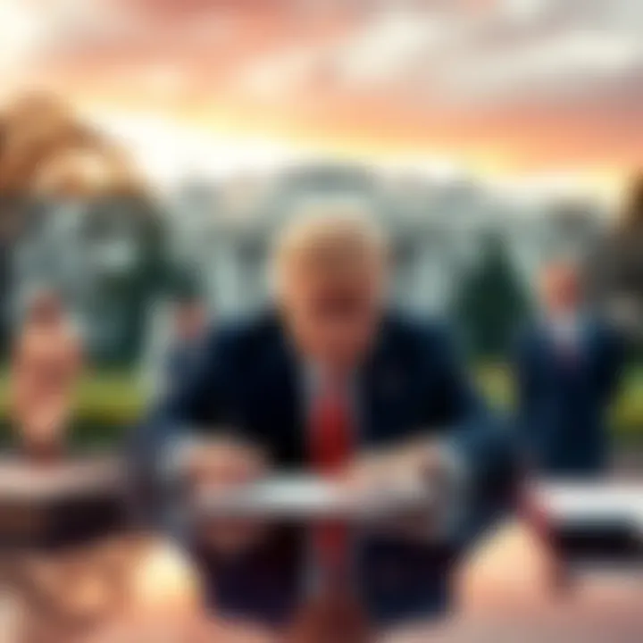 President Trump signs a document granting tax immunity to himself and his family, with a backdrop of the White House