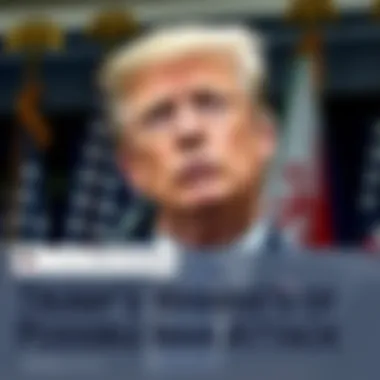 President Trump speaking about potential military action against Iran, with a serious expression and flags in the background.