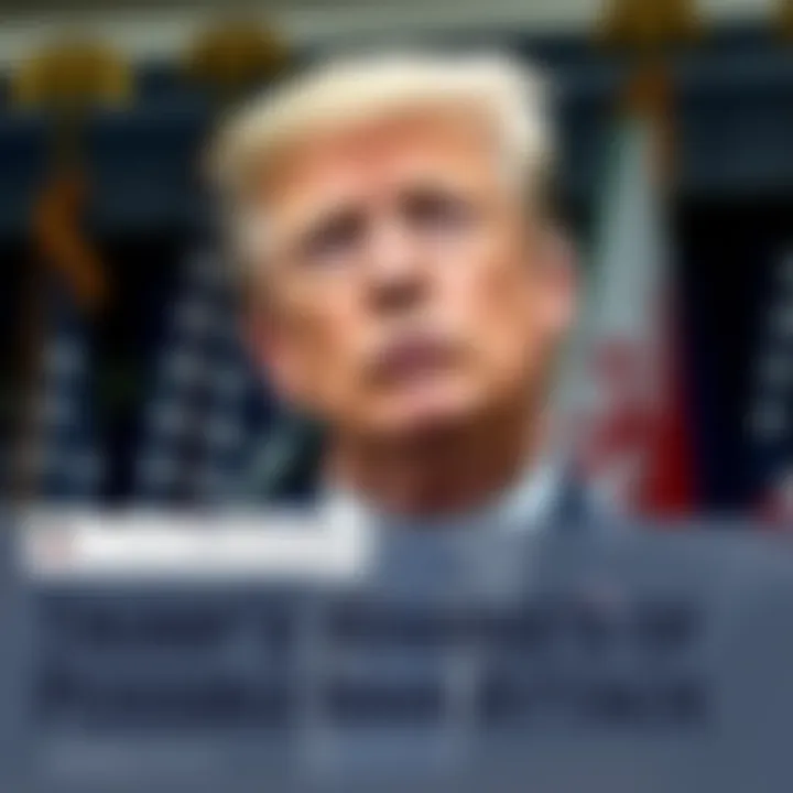 President Trump speaking about potential military action against Iran, with a serious expression and flags in the background.
