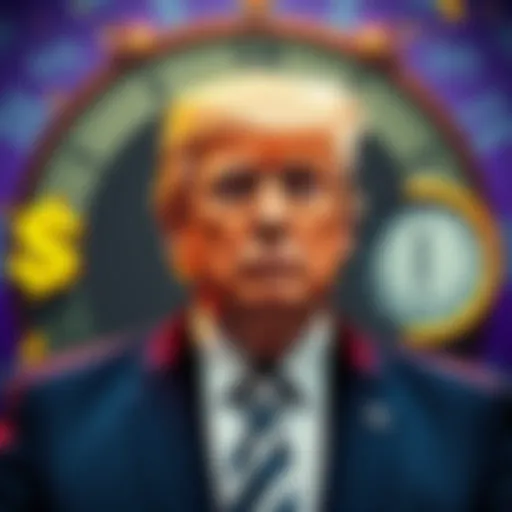 Donald Trump stands in front of a backdrop with currency symbols and a clock, symbolizing the connection between XRP and time travel theories.