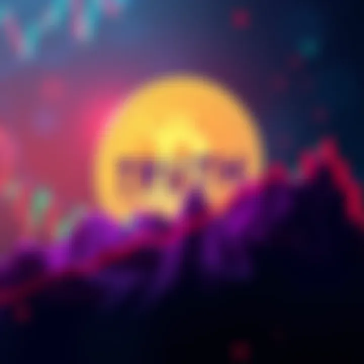 A visual representation of a declining stock market with a logo of Truth Social and a cryptocurrency symbol in the background