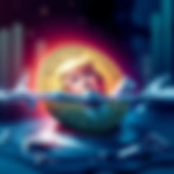 An illustration showing a sinking coin with Trump's face on it, symbolizing the failure of his meme coin.