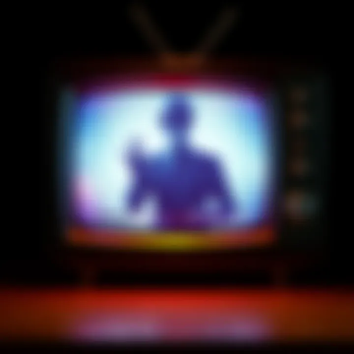A vintage television screen displaying a mysterious alien-like figure speaking into the camera, with a dark background and static interference.