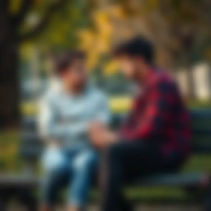 Two friends having a heartfelt conversation while sitting on a park bench, one is apologizing to the other, showing expression of regret and understanding.