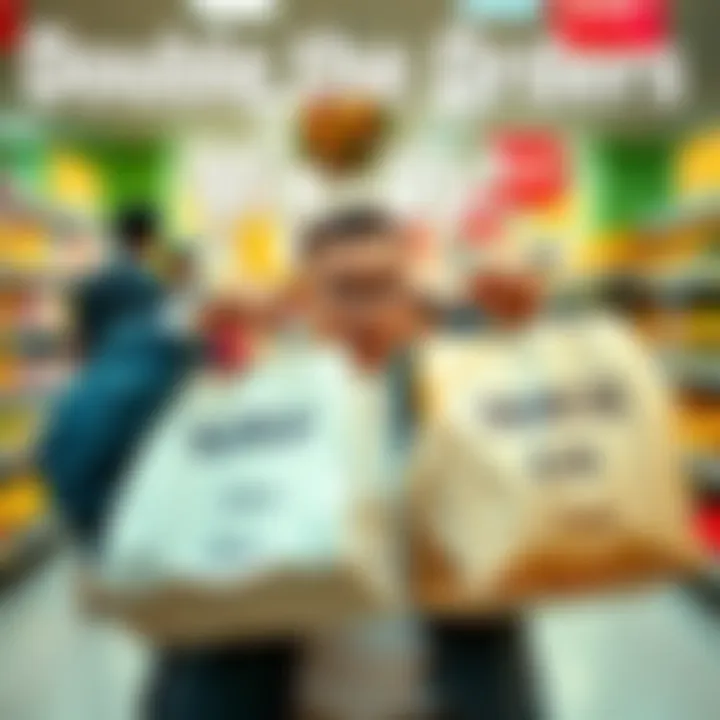 A person holding two bags with items from a store, looking surprised at the mix-up, with one bag labeled with their name and the other with someone else's.