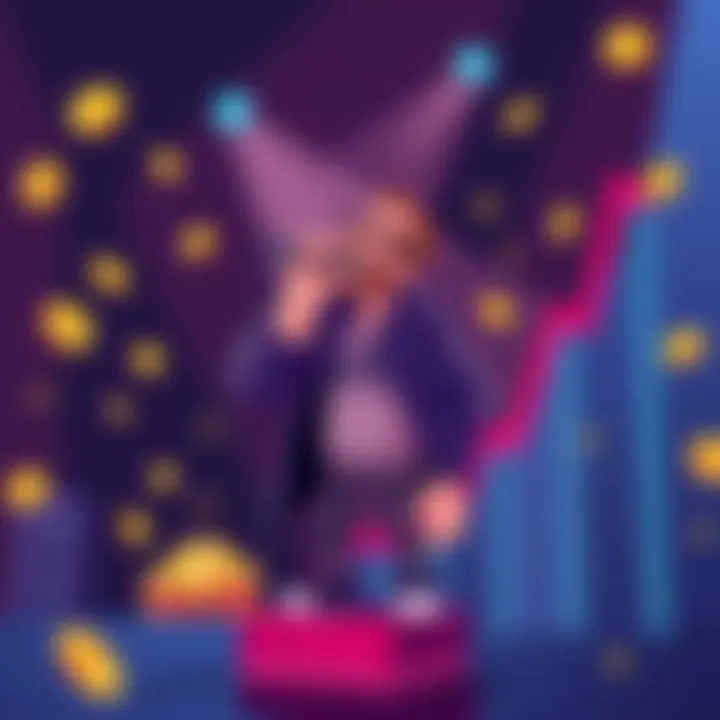 U2 Parody with Crypto Theme A fun illustration of a character resembling Bono singing on stage, surrounded by digital coins and a chart showing a rising trend, humorously reflecting the crypto market.