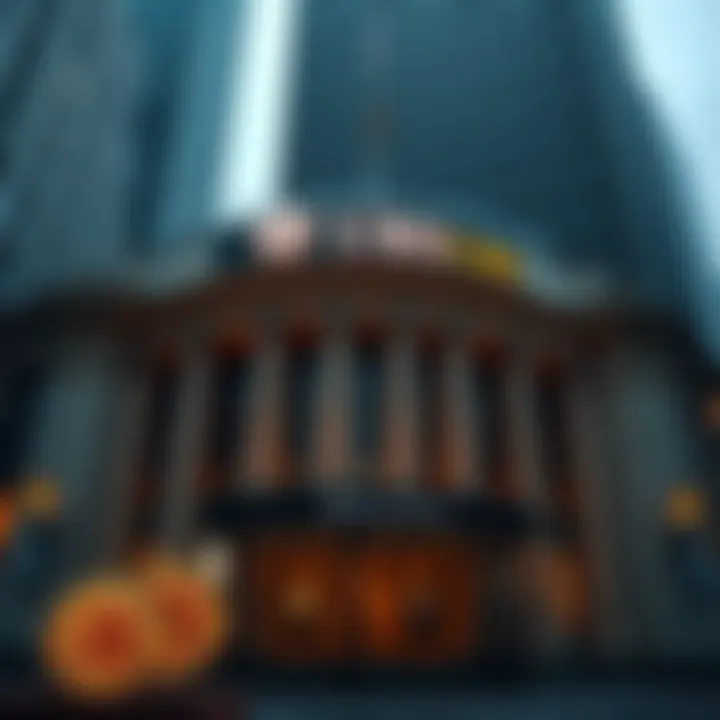 UBS financial building with Bitcoin symbols in front, highlighting their new crypto trading services for clients