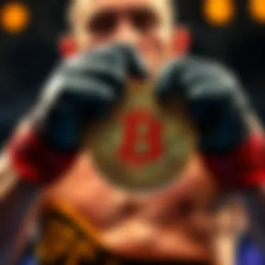UFC fighter holding a crypto coin A UFC fighter with gloves holding a large crypto coin with a logo, symbolizing payment in cryptocurrency