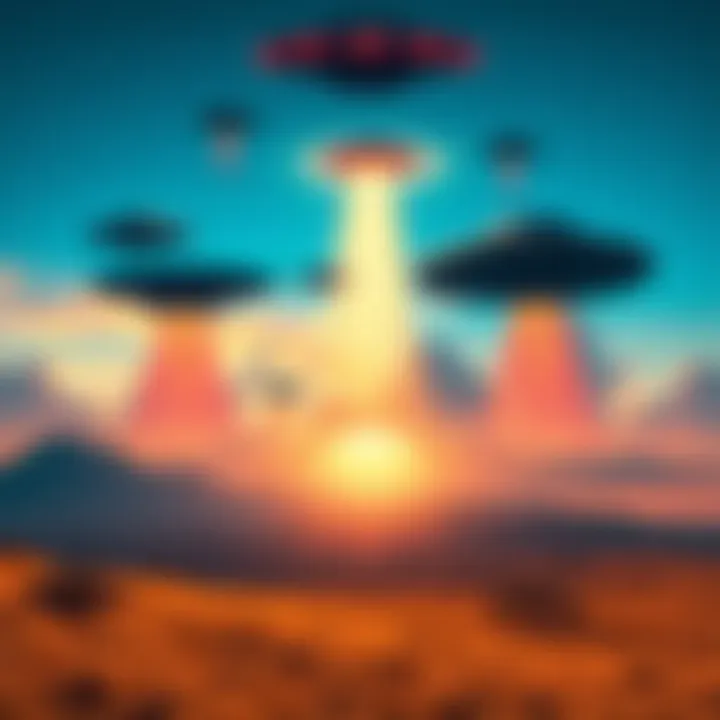 A collection of UFO sightings with various shapes in the sky above different landscapes.