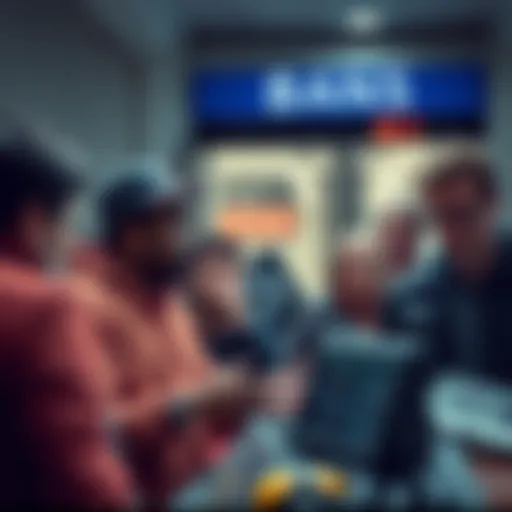 A group of frustrated crypto users expressing their concerns at a bank, showing a disconnect between traditional banking and digital currencies.