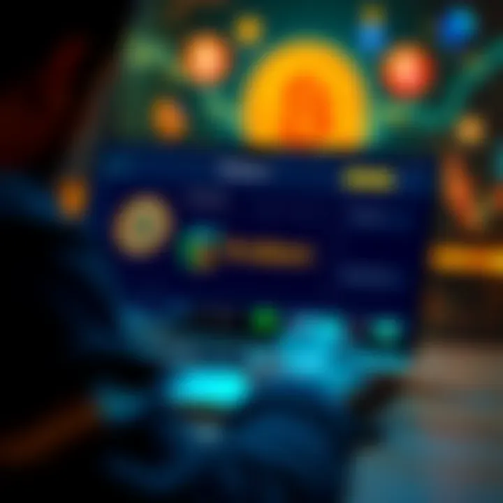 A person using a laptop to view UK bank accounts that allow deposits to Kraken, with Bitcoin graphics in the background.