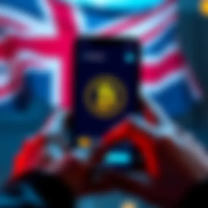 UK Residents Buying Pi A person using a smartphone to buy Pi cryptocurrency with a bank card, showing the Pi Browser app on the screen, with a backdrop of the UK flag.