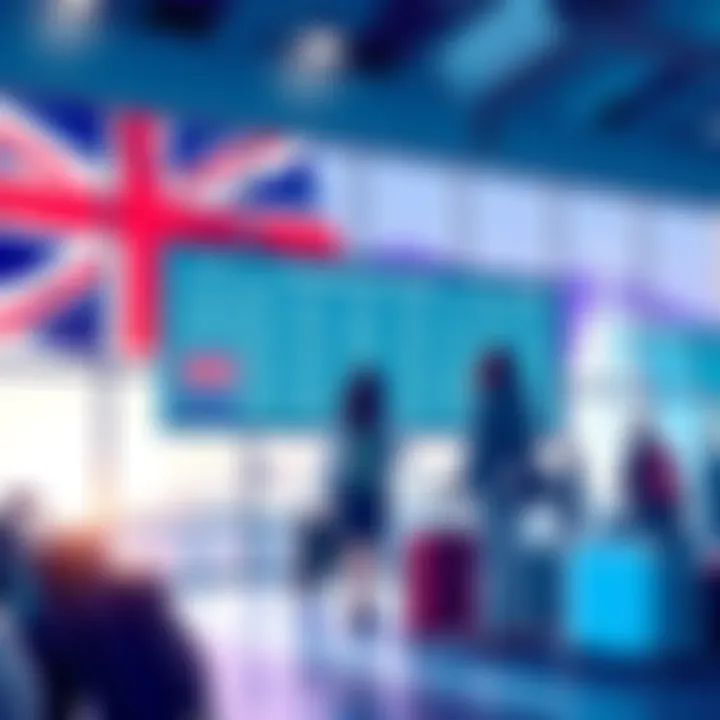 An illustration showing travelers at an airport with bags, looking at a digital display of changing travel rules, set against a backdrop of the UK flag.