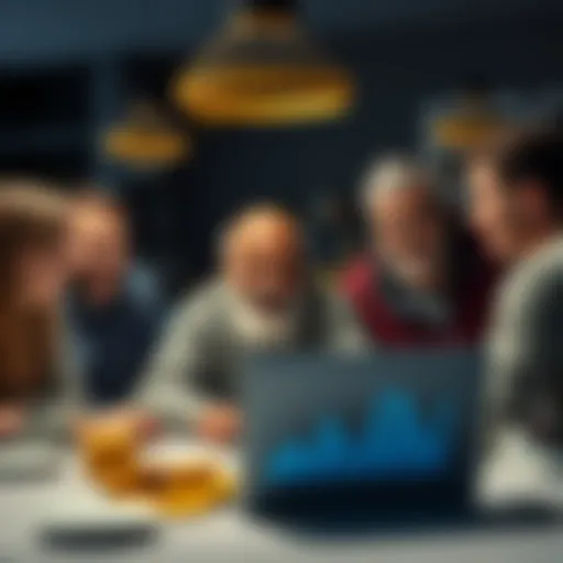 An uncle sitting at a table with a laptop, smiling while looking at cryptocurrency charts, with family members joyfully discussing around him.